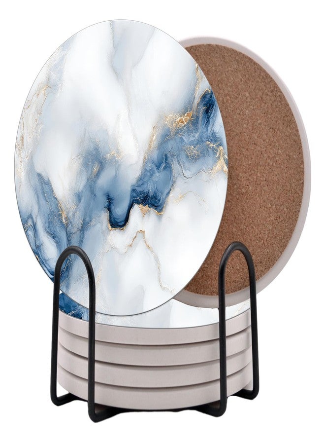 DAJDC White Agate Marble Round Coasters Set of 6 - Abosrbent Ceramic Coasters with Metal Stand for Drinks, Coffee, Non-Slip Cork Back for Tabletop Protection, 4 Inches Marbled Pattern (Agate) - Image 1